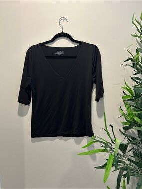 Tahari Black V-Neck Elbow-Sleeve Top